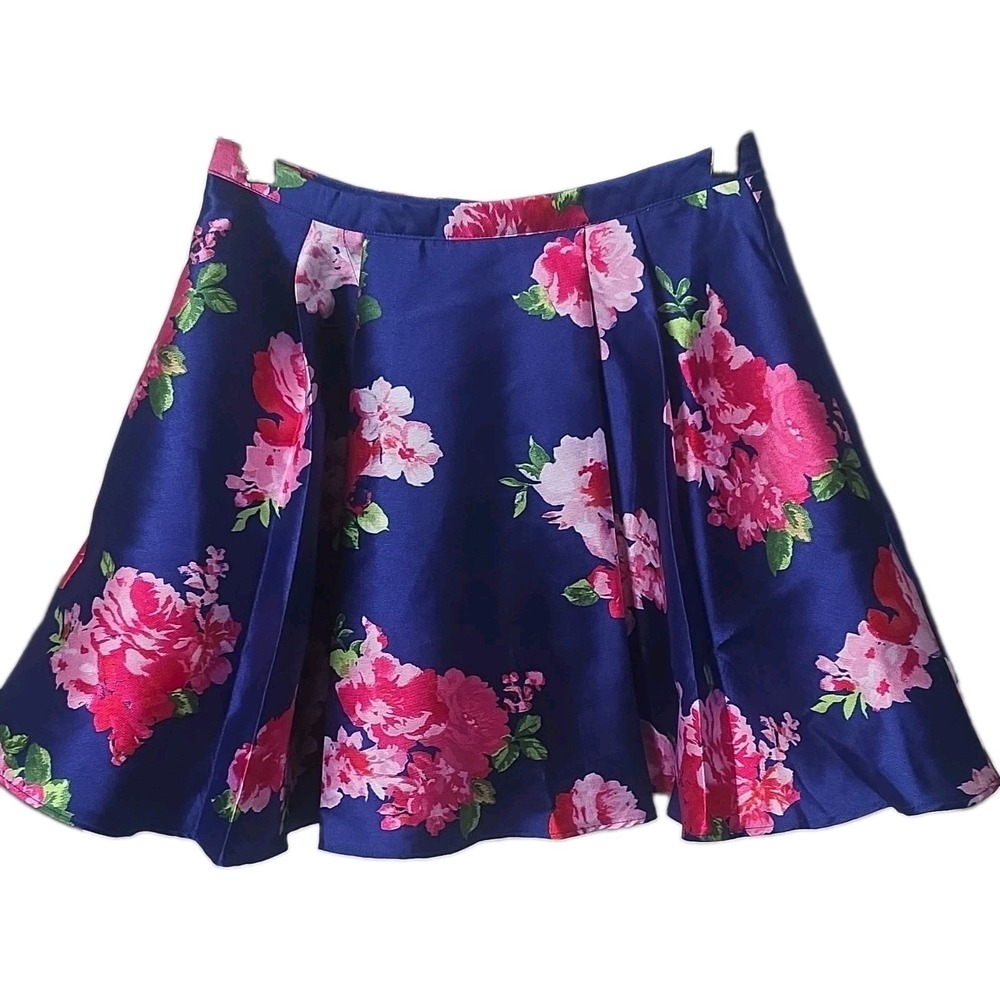 B. Darlin Blue Floral Flare/Pleated Lined Short Zip Up Skirt Girls 7/8